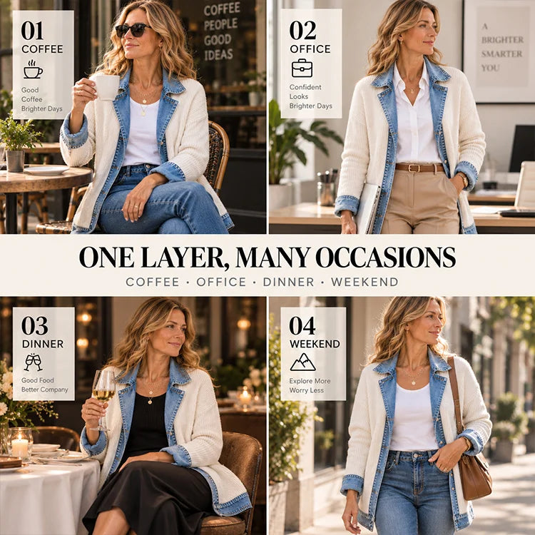 Denim-Trim Knit Cardigan Jacket