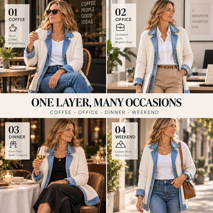 Denim-Trim Knit Cardigan Jacket