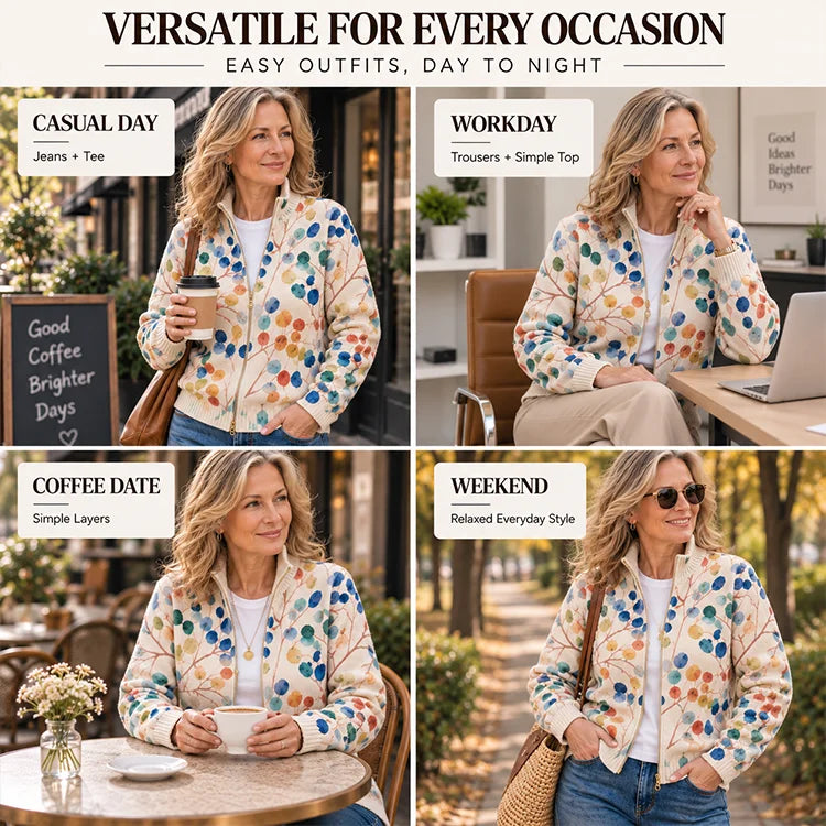 Women's Botanical Floral Zip-Up Cardigan – Soft Knit Stand-Collar Layer