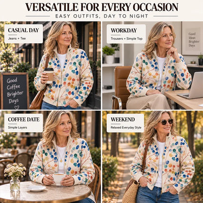 Women's Botanical Floral Zip-Up Cardigan – Soft Knit Stand-Collar Layer