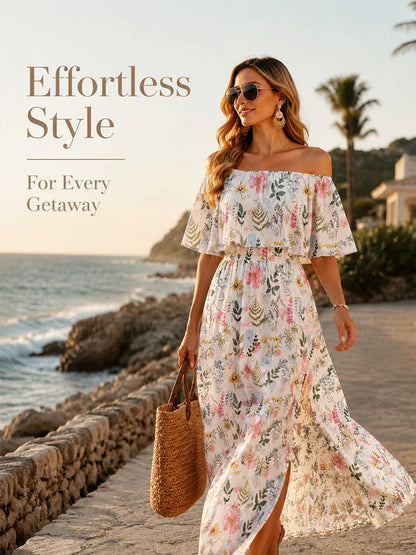 2-Way Off-Shoulder Floral Maxi Dress – Flowy Summer Vacation Dress