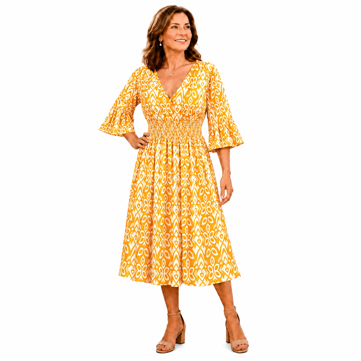 Breezy V-Neck Shirred Waist Midi Dress