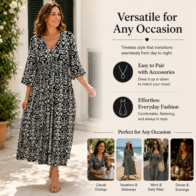 Breezy V-Neck Shirred Waist Midi Dress