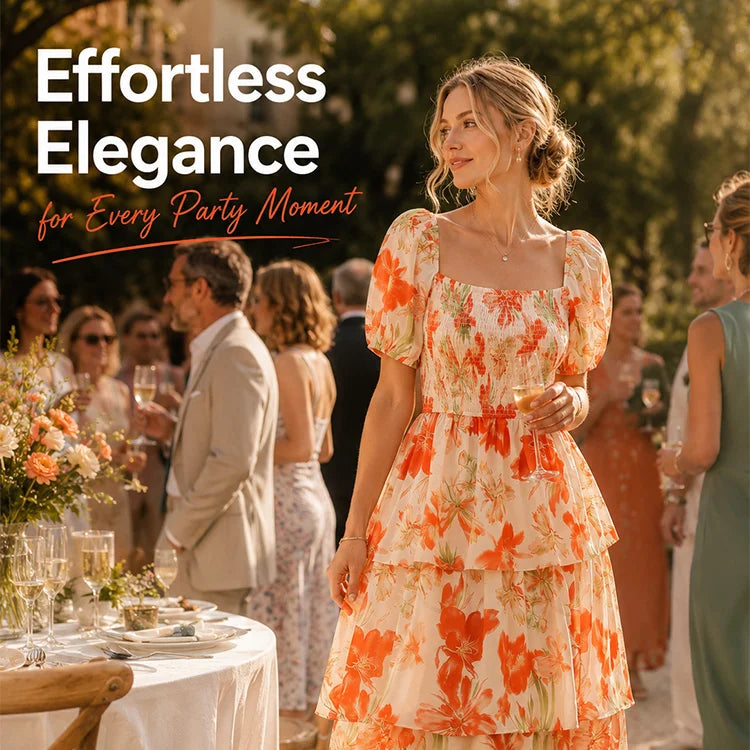 Floral Square Neck Chiffon Maxi Dress