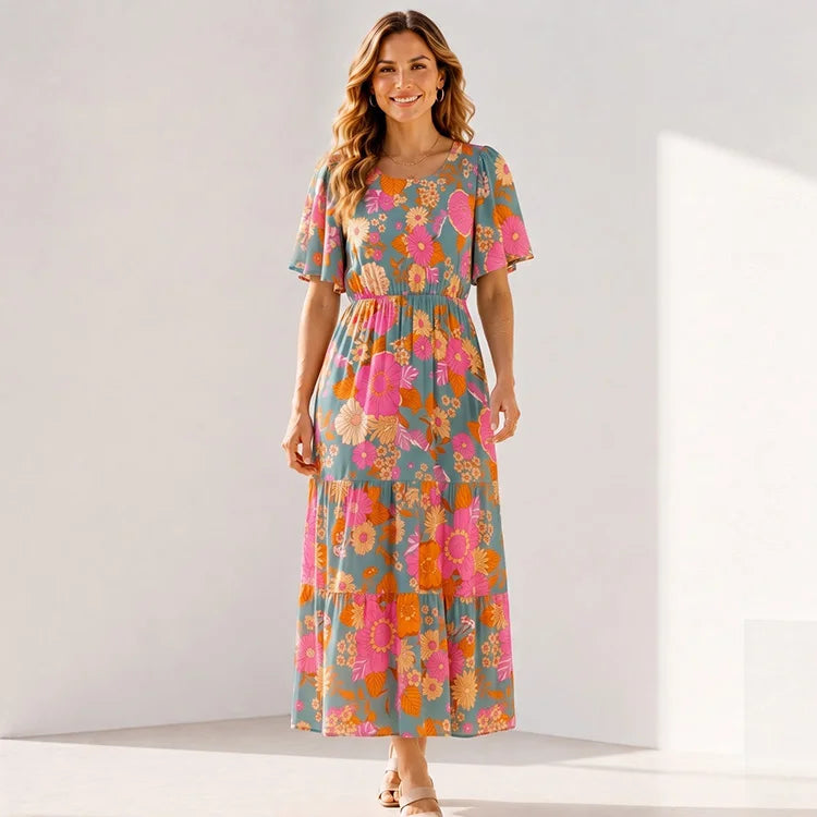 Ultra-Stretch Floral Flutter Sleeve Maxi Dress | S–5XL