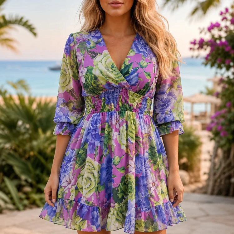 Waist-Cinching Floral Ruffled Dress