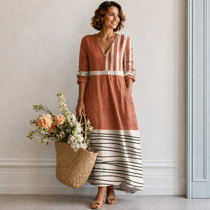 Retro V-Neck Linen-Blend Maxi Dress with Pockets