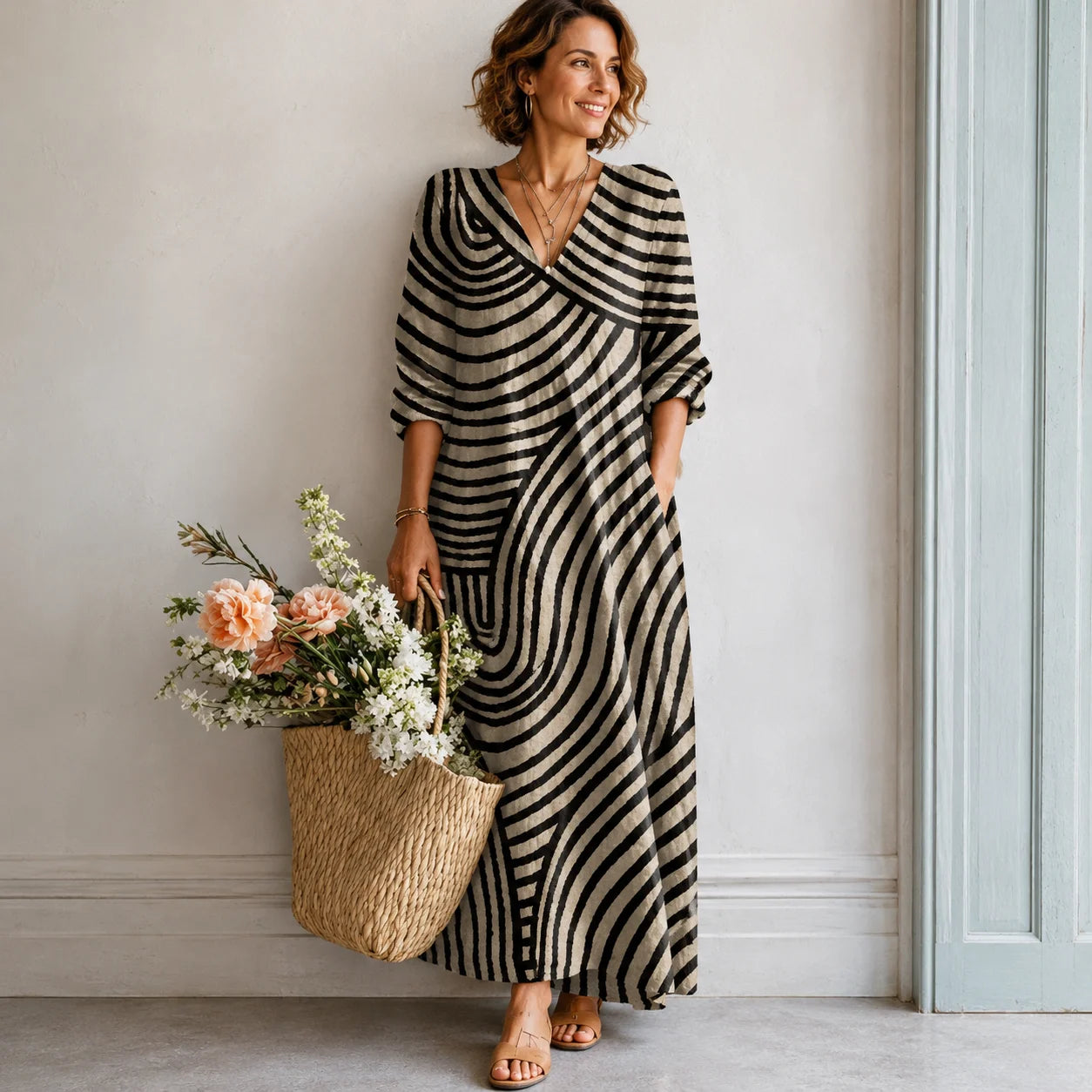 Retro V-Neck Linen-Blend Maxi Dress with Pockets