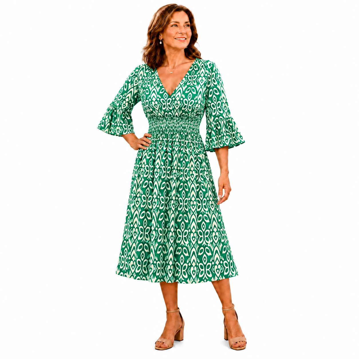 Breezy V-Neck Shirred Waist Midi Dress