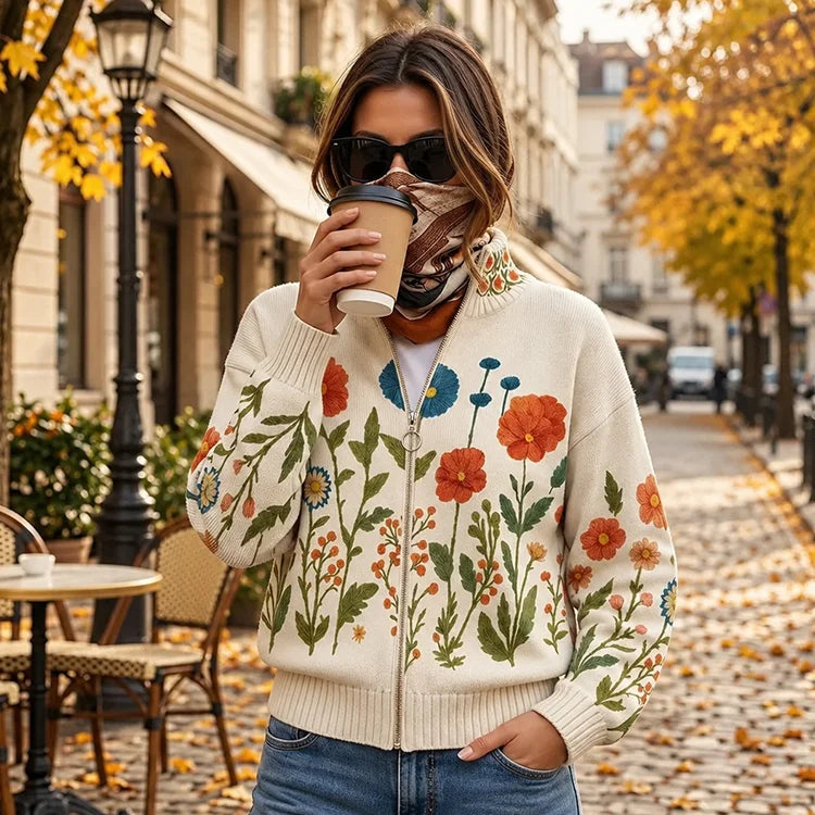 Women's Botanical Floral Zip-Up Cardigan – Soft Knit Stand-Collar Layer