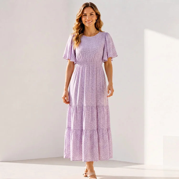 Ultra-Stretch Floral Flutter Sleeve Maxi Dress | S–5XL