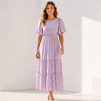 Ultra-Stretch Floral Flutter Sleeve Maxi Dress | S–5XL