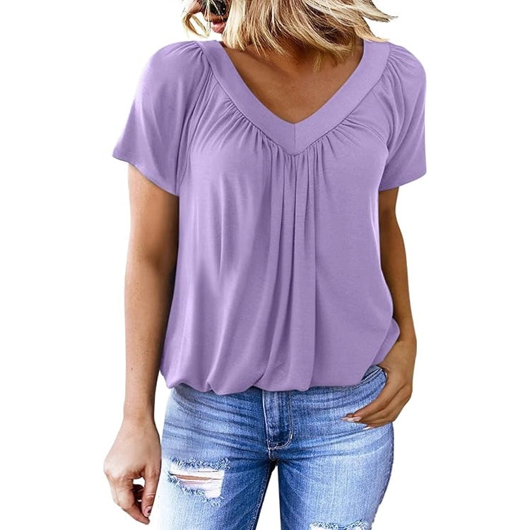 Pleated V-Neck Short Sleeve Top