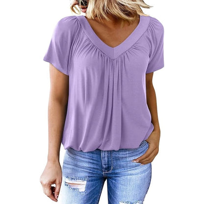Pleated V-Neck Short Sleeve Top
