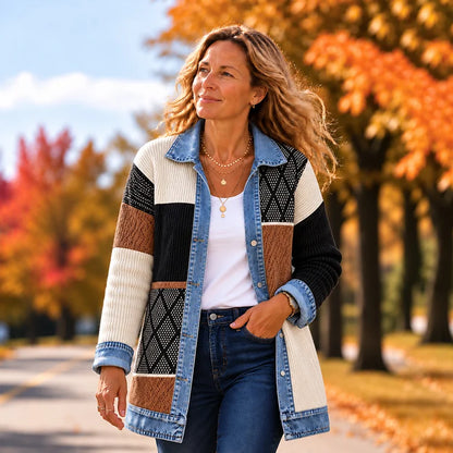 Denim-Trim Knit Cardigan Jacket