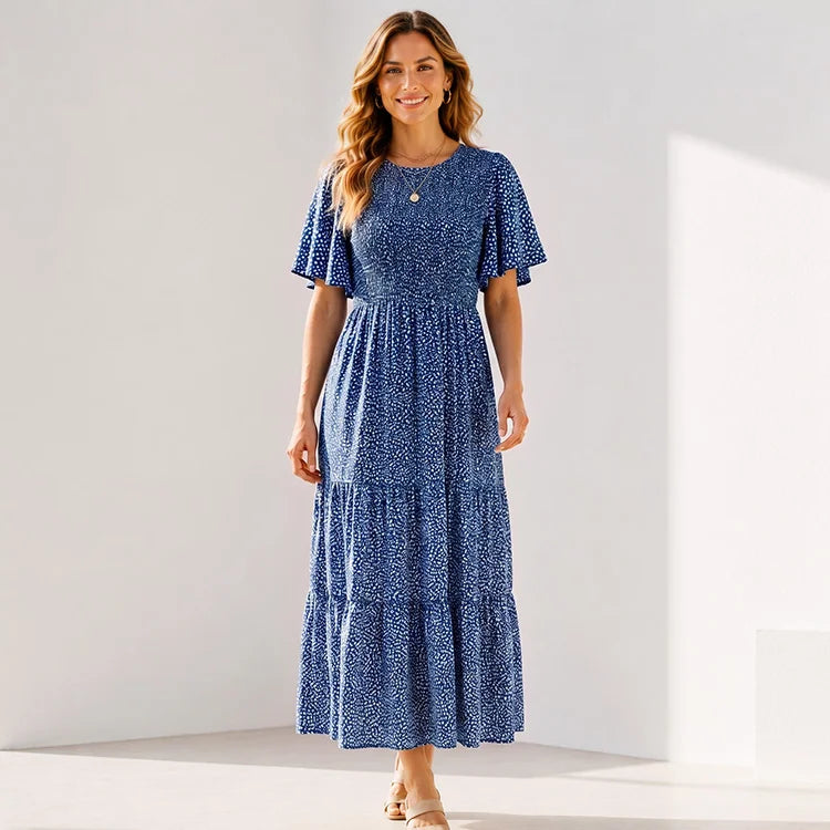 Ultra-Stretch Floral Flutter Sleeve Maxi Dress | S–5XL