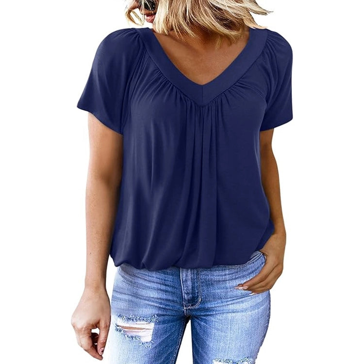Pleated V-Neck Short Sleeve Top