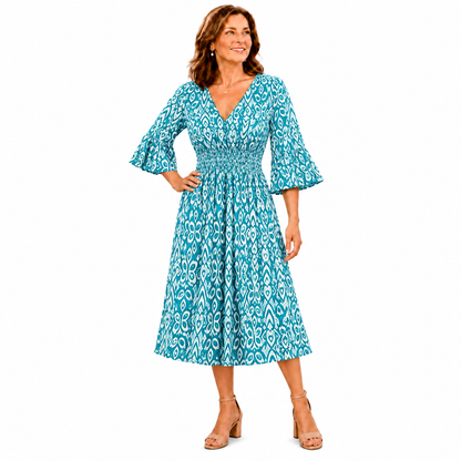Breezy V-Neck Shirred Waist Midi Dress