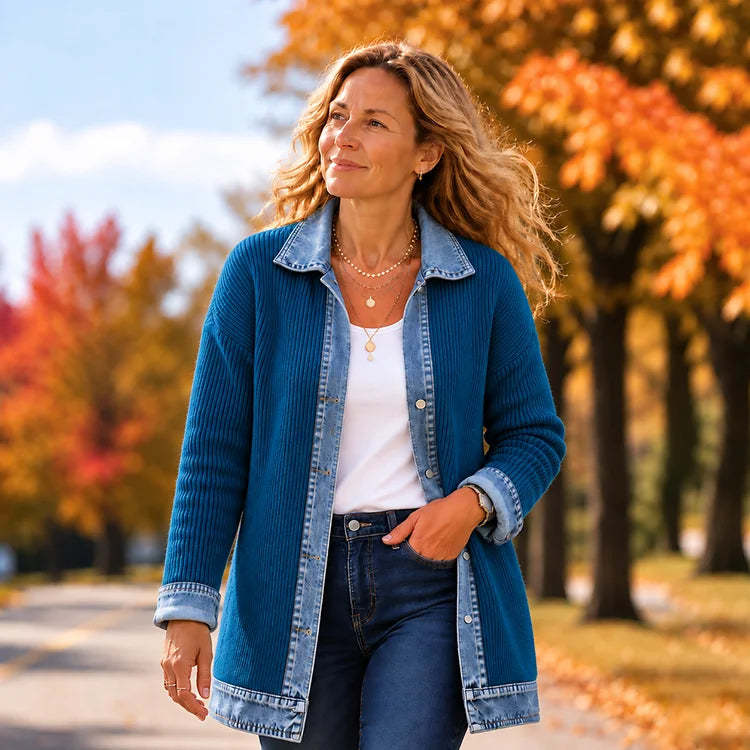 Denim-Trim Knit Cardigan Jacket