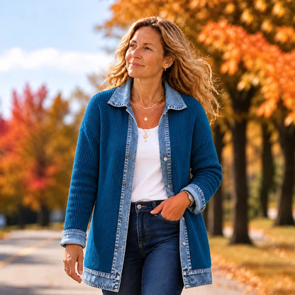 Denim-Trim Knit Cardigan Jacket