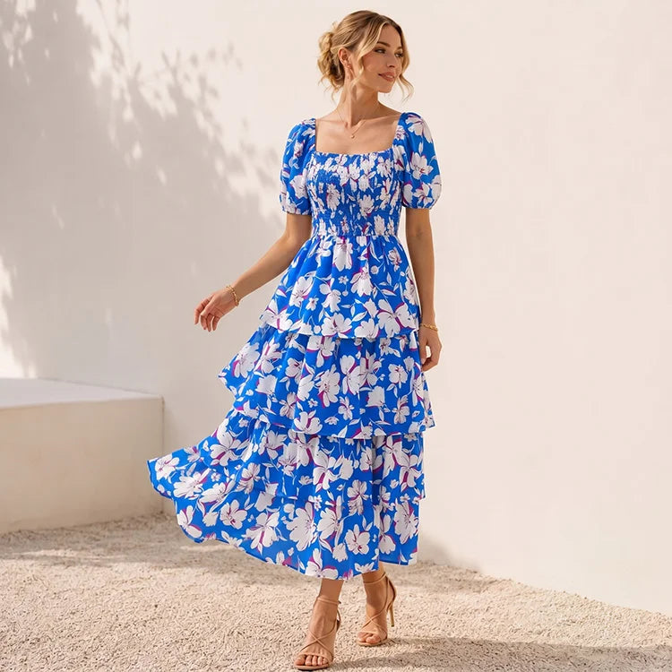 Floral Square Neck Chiffon Maxi Dress