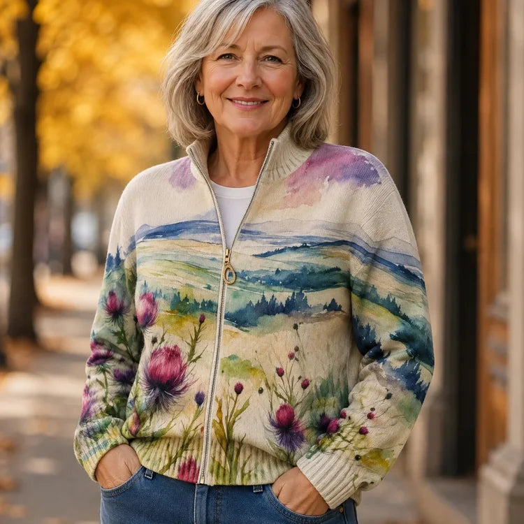 Women's Botanical Floral Zip-Up Cardigan – Soft Knit Stand-Collar Layer
