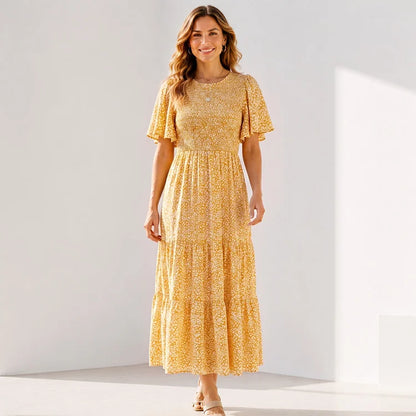 Ultra-Stretch Floral Flutter Sleeve Maxi Dress | S–5XL