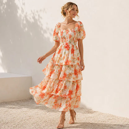 Floral Square Neck Chiffon Maxi Dress
