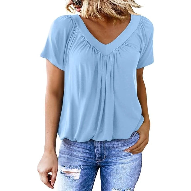 Pleated V-Neck Short Sleeve Top