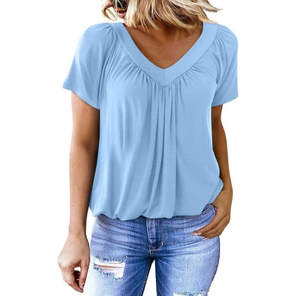 Pleated V-Neck Short Sleeve Top