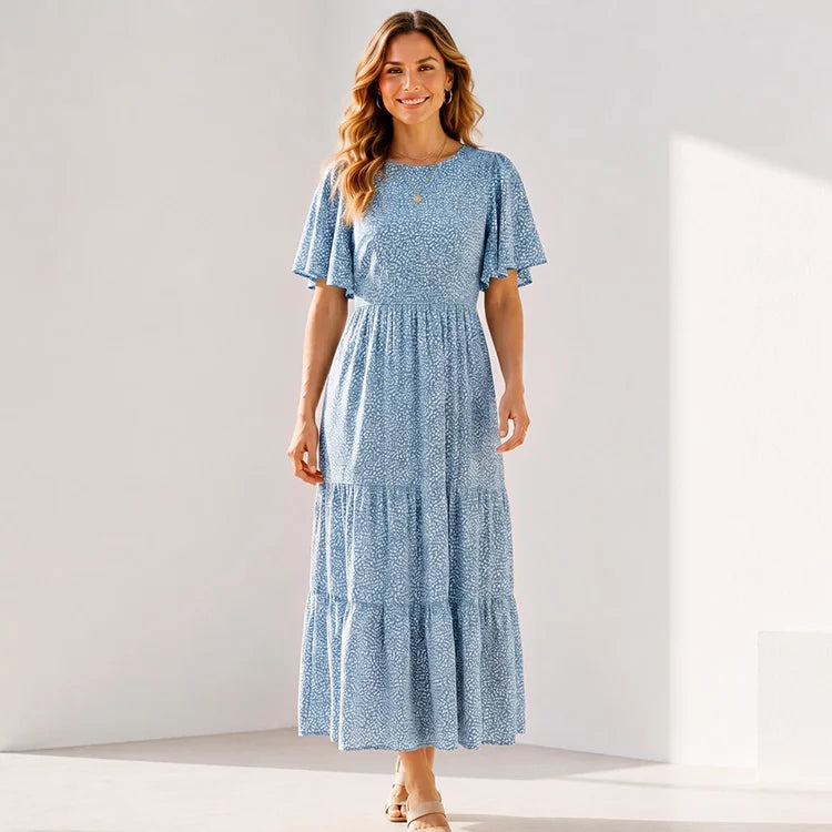 Ultra-Stretch Floral Flutter Sleeve Maxi Dress | S–5XL