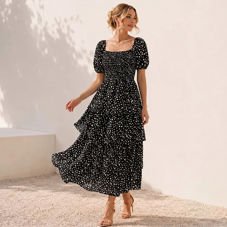Floral Square Neck Chiffon Maxi Dress