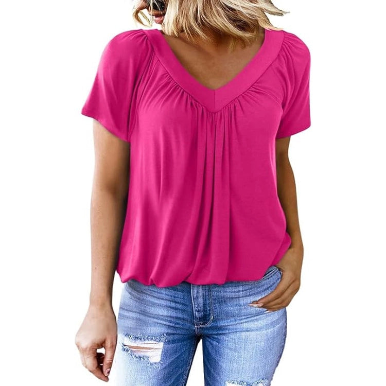 Pleated V-Neck Short Sleeve Top