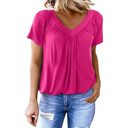 Pleated V-Neck Short Sleeve Top