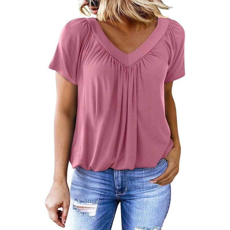 Pleated V-Neck Short Sleeve Top