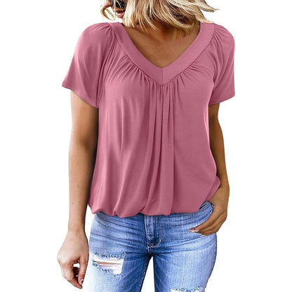 Pleated V-Neck Short Sleeve Top