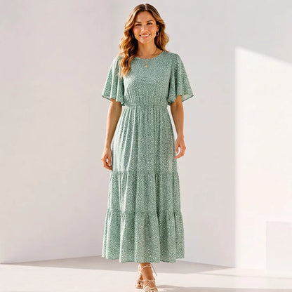 Ultra-Stretch Floral Flutter Sleeve Maxi Dress | S–5XL