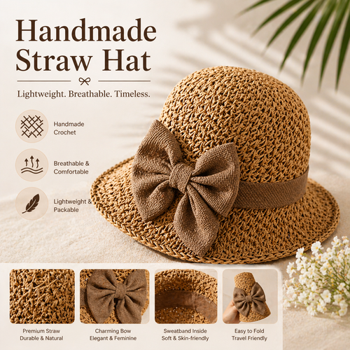 Breathable Handmade Straw Hat with Bow