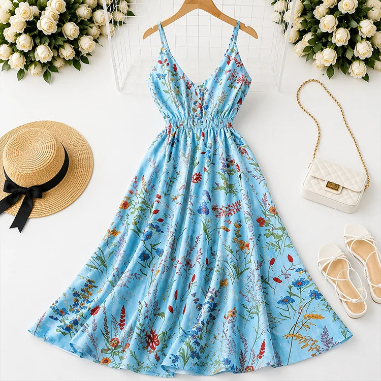 Floral V-Neck A-Line Maxi Dress