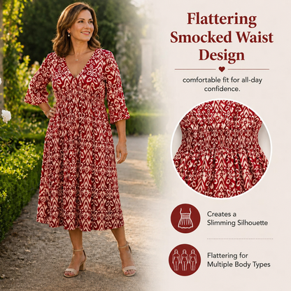 Breezy V-Neck Shirred Waist Midi Dress